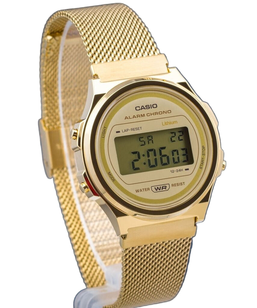 Casio Vintage Unisex Digital Watch - Gold tone Stainless Steel Mesh Band